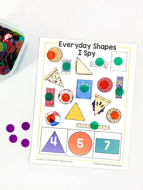 This shape I spy center is a fun game for preschoolers to practice identifying shapes in the real world. This center is included in our shapes preschool lesson plans as part of the shapes curriculum.