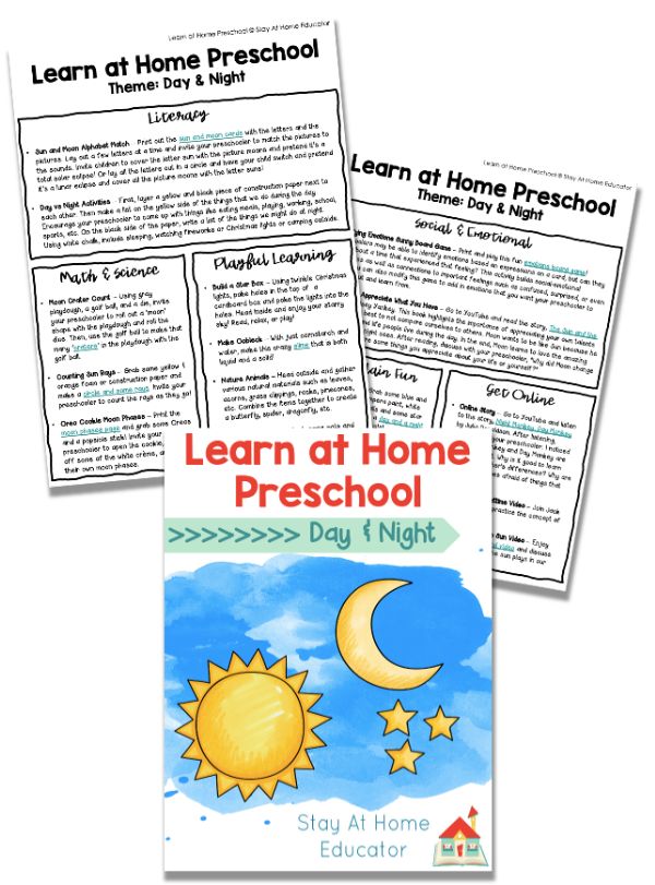 This set of day and night preschool lesson plans covers math, science, reading, social-emotional, art, and playful learning. It's a great tool for planning your theme!