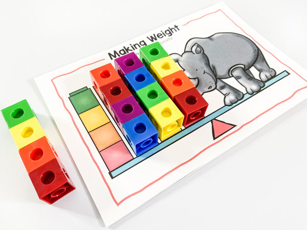This preschool math center focuses on making weight. Preschoolers will learn that larger animals have a larger mass and require more cubes to balance the scale. This math center is included in our preschool measurement lesson plans.