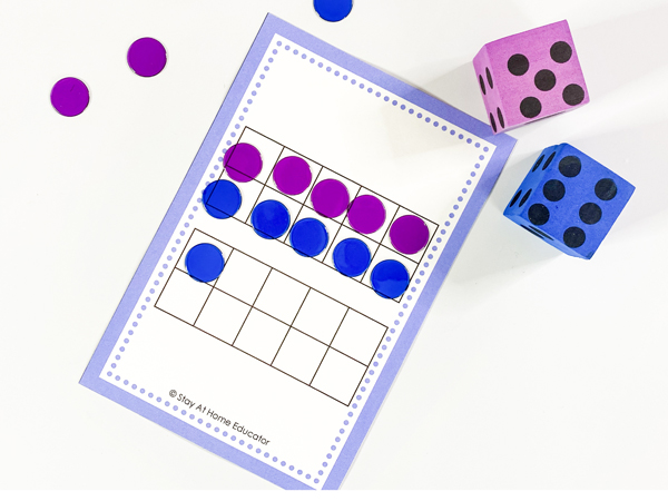 This counting math center is a fun game involving dice and counters. Roll the dice and add that many to the ten frames. This math center is included in our counting 0-20 preschool lesson plans.