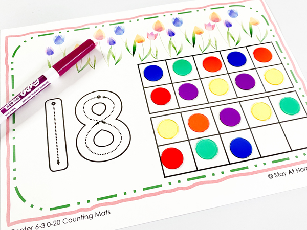 This counting center combines the fun of playdough with learning to count. This math center is included in the counting to 20 lesson plans for preschool.