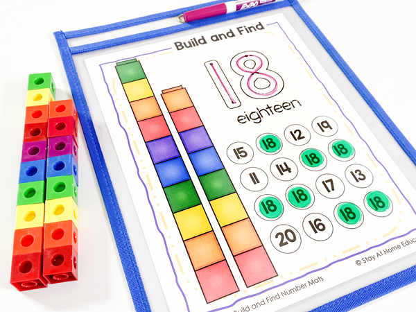 This counting center uses snap cubes to build towers that make 10 and some more for the teen numbers. This helps preschoolers prepare for place value in later years. This counting math center is included in our counting to 20 lesson plans for preschool.