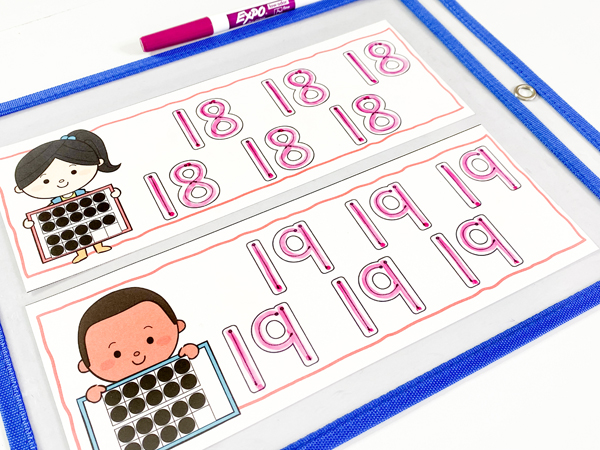 This tracing center focuses on learning proper formation of the numerals and counting with ten frames. This numeral center is included in our counting to 20 lesson plans for preschool. 
