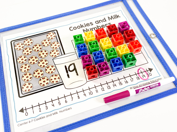 This counting center is such a fun way to practice numbers. Children identify the number on the glass and then count the corresponding number of 'cookies' onto the ten frames. This counting center is included in our counting to 20 lesson plans for preschool.