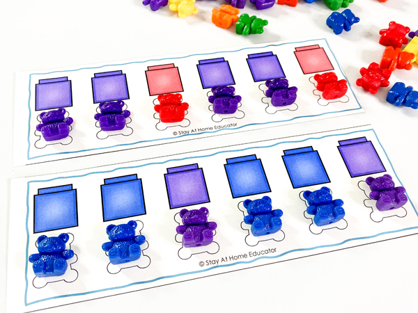 This patterning math center uses rainbow counting bears to match the color to each bear in the pattern and develop one to one correspondence skills as they count each object in the row. This math center is included in our positions and patterns daily lessons in math unit. These preschool patterning lesson plans include both positions and patterns in the unit.