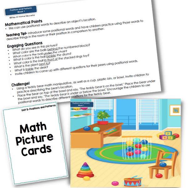 These math picture cards are designed to encourage young children to look at math through a real world lens and find ways to use math in their daily lives. This positional photo card is included in our preschool patterning lesson plans.