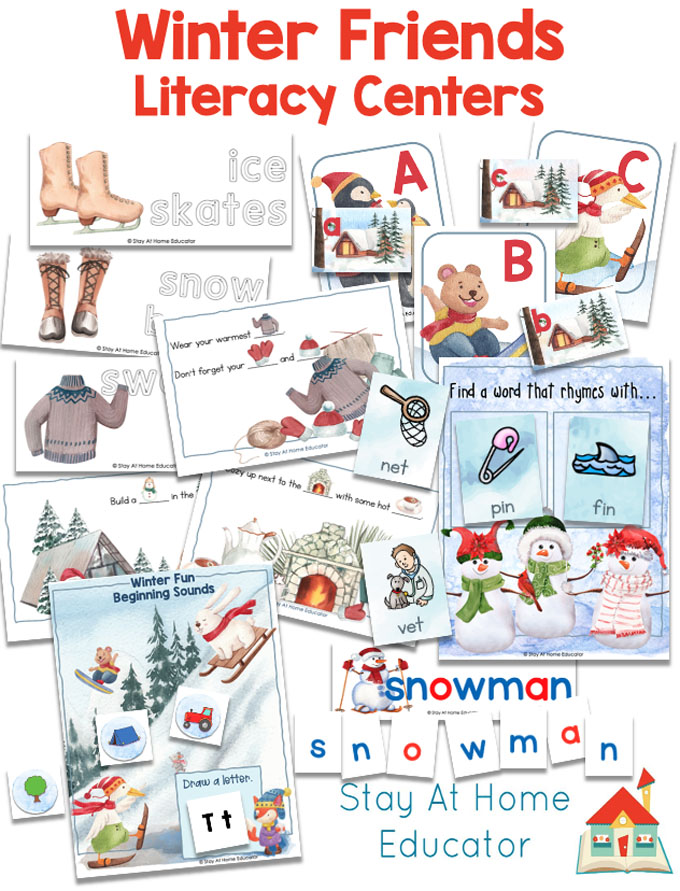 printable activities for winter preschool theme, teaching literacy with winter preschool lesson plans