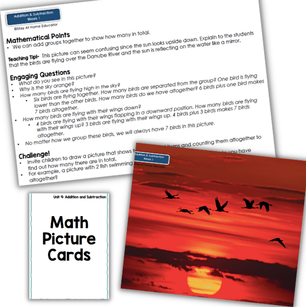 These math picture cards are designed to encourage young children to look at math through a real world lens and find ways to use math in their daily lives. This addition and subtraction photo card is included in our preschool addition and subtraction lesson plans.