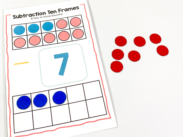 This addition and subtraction math center uses colorful counters to help preschoolers learn to decompose numbers within then. This math center is included in our addition and subtraction daily lessons in math unit.