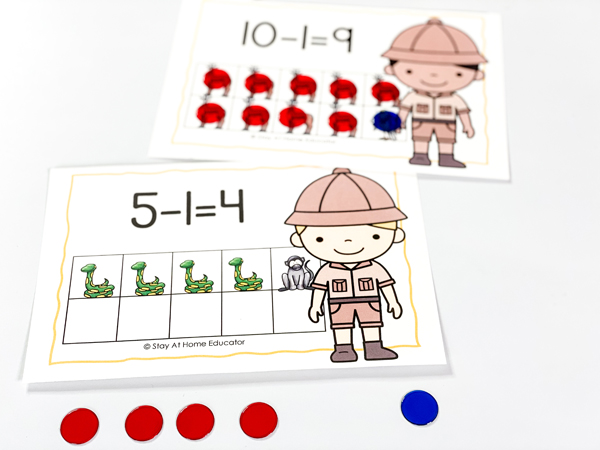 This addition and subtraction math center uses simple images to help preschoolers learn how to read a number sentence and add one more or take one away. This math center is included in our addition and subtraction daily lessons in math unit.