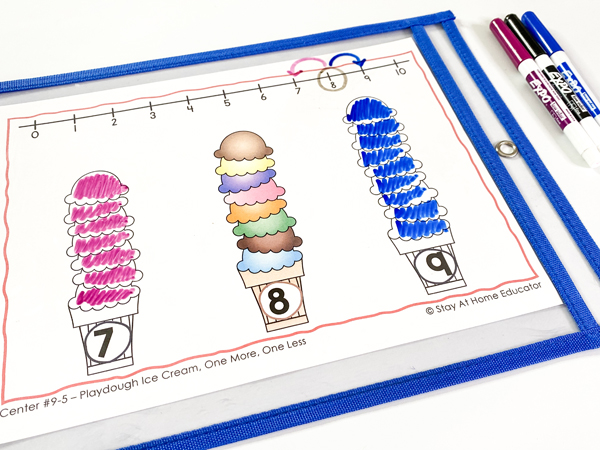 This addition and subtraction math center uses playdough to practice adding and subtracting one from each ice cream cone. This math center is included in our addition and subtraction daily lessons in math unit.