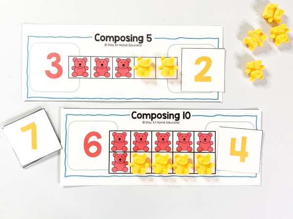This addition and subtraction math center uses counting bears to practice combing sets of up to five and ten. This math center is included in our addition and subtraction daily lessons in math unit.