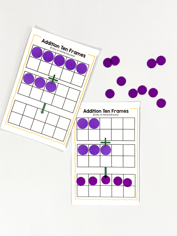 This addition and subtraction math center reinforces the use of ten frames to count and add. This math center is available in the addition and subtraction daily lessons in preschool mathematics.