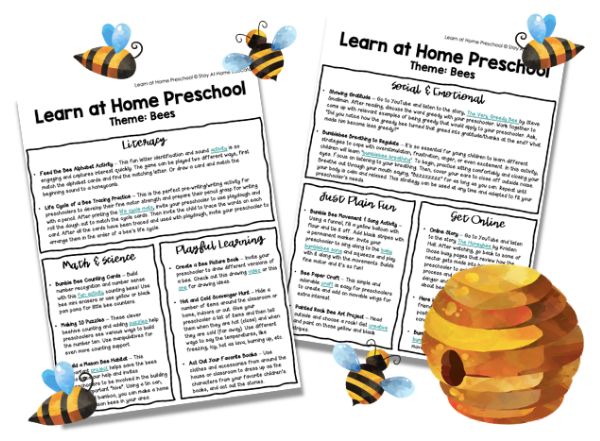 Two pages of learn at home bee-themed preschool activities