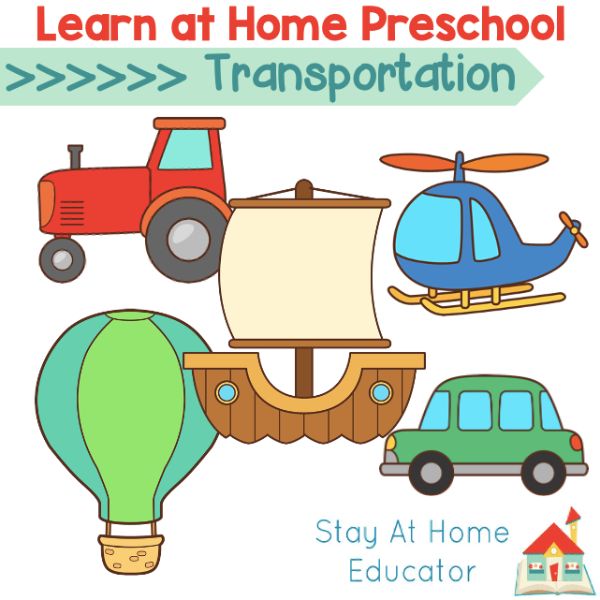 Transportation learn at home preschool lesson plans including land, sea, and air