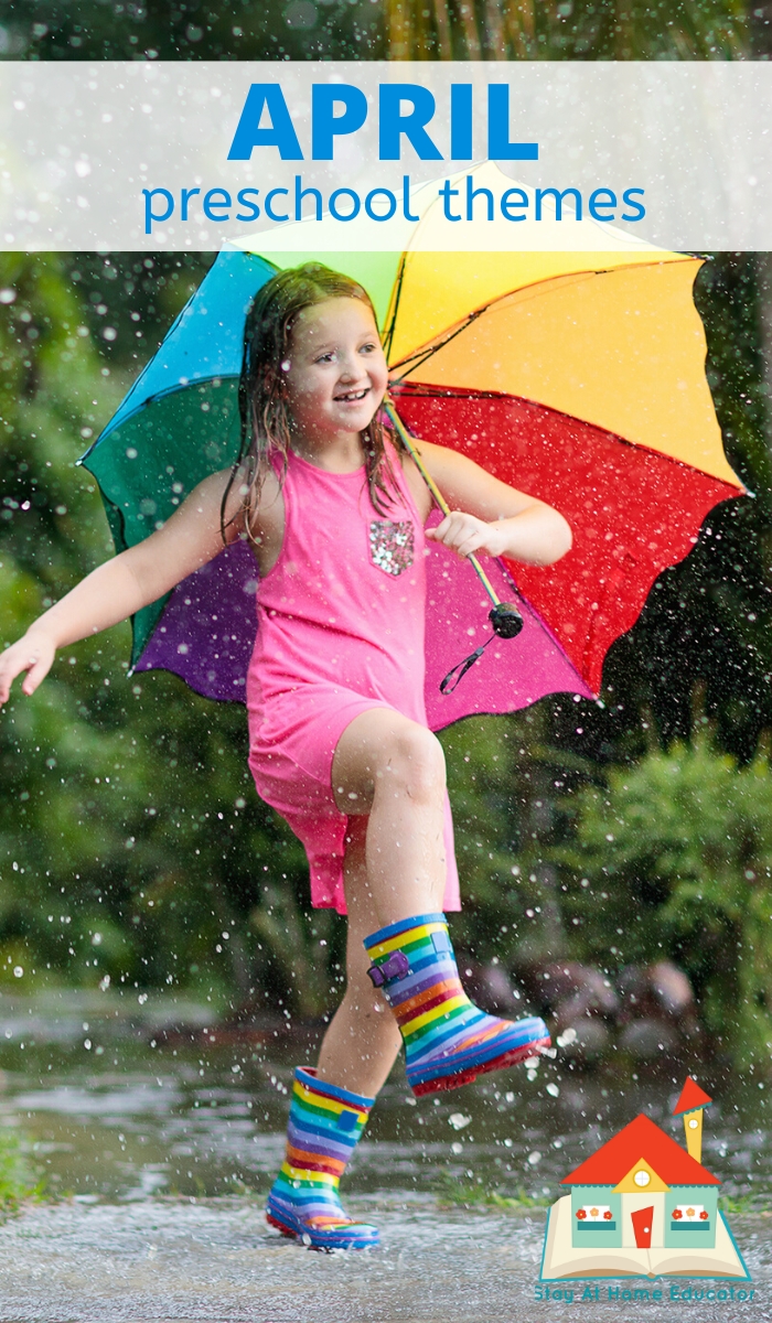 April preschool themes, themes to teach in April, April preschool activities - girl playing in the rain with umbrella