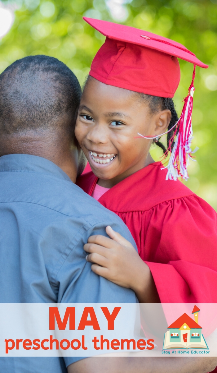 the great big list of memorable May preschool themes for teaching, Dad hugging child at preschool graduation in May
