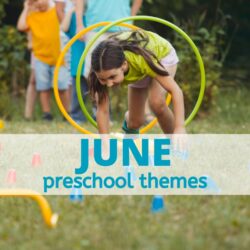 Image of children playing outdoors in the warm sun on an obstacle course through hoops | June preschool themes | June preschool activities |