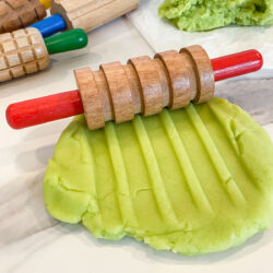easy cooked playdough recipe, green playdough with playdough rolling pins