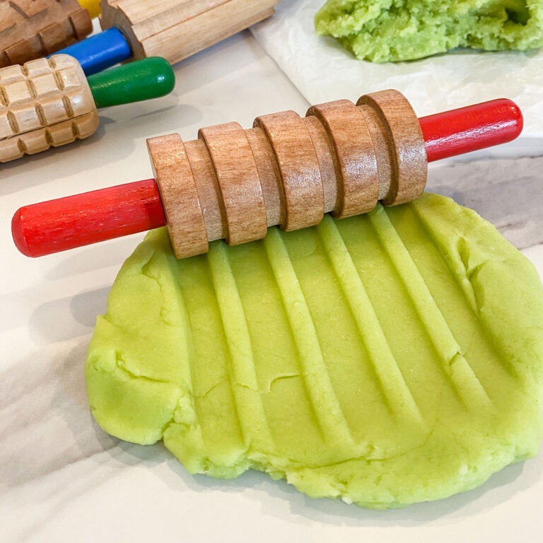 easy cooked playdough recipe, green playdough with playdough rolling pins