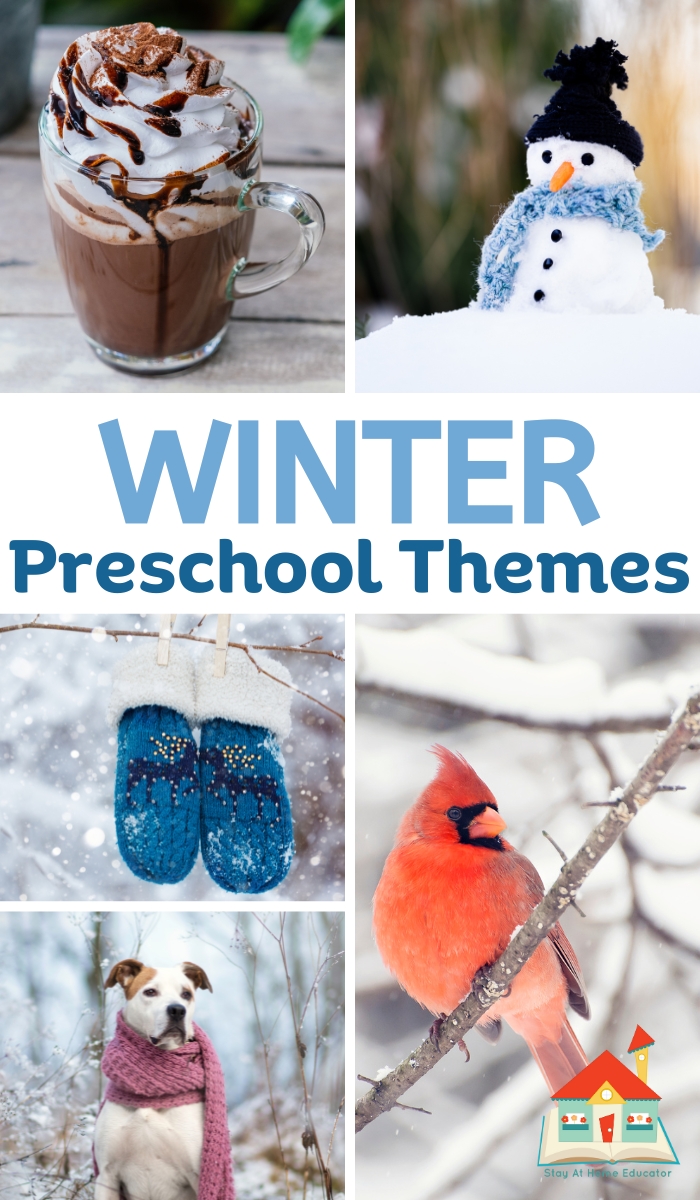 winter themes for preschool | free winter preschool lesson plans | collage of hot cocoa, snowman, winter clothing, winter animals