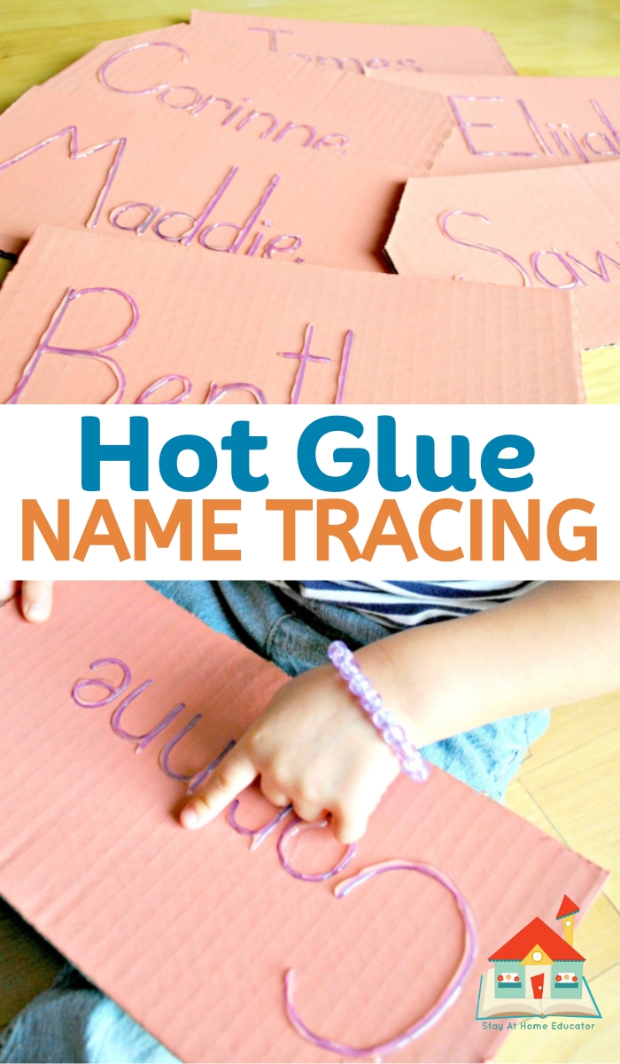name writing activities | writing names with glue activity for preschoolers | tactile name tracing activities | how to teach preschoolers to write their names | collage of preschool name plates using hot glue for tracing the name with finger