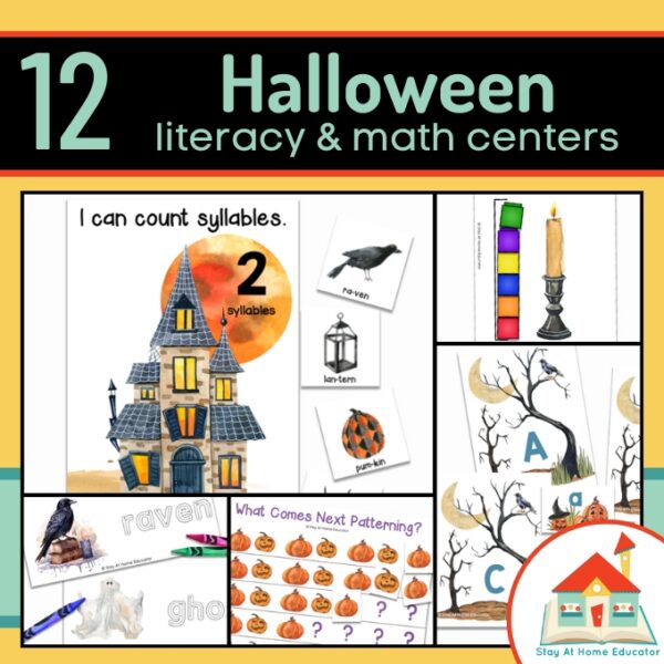 printable Halloween preschool centers / Halloween math activities | Halloween literacy activities for preschoolers