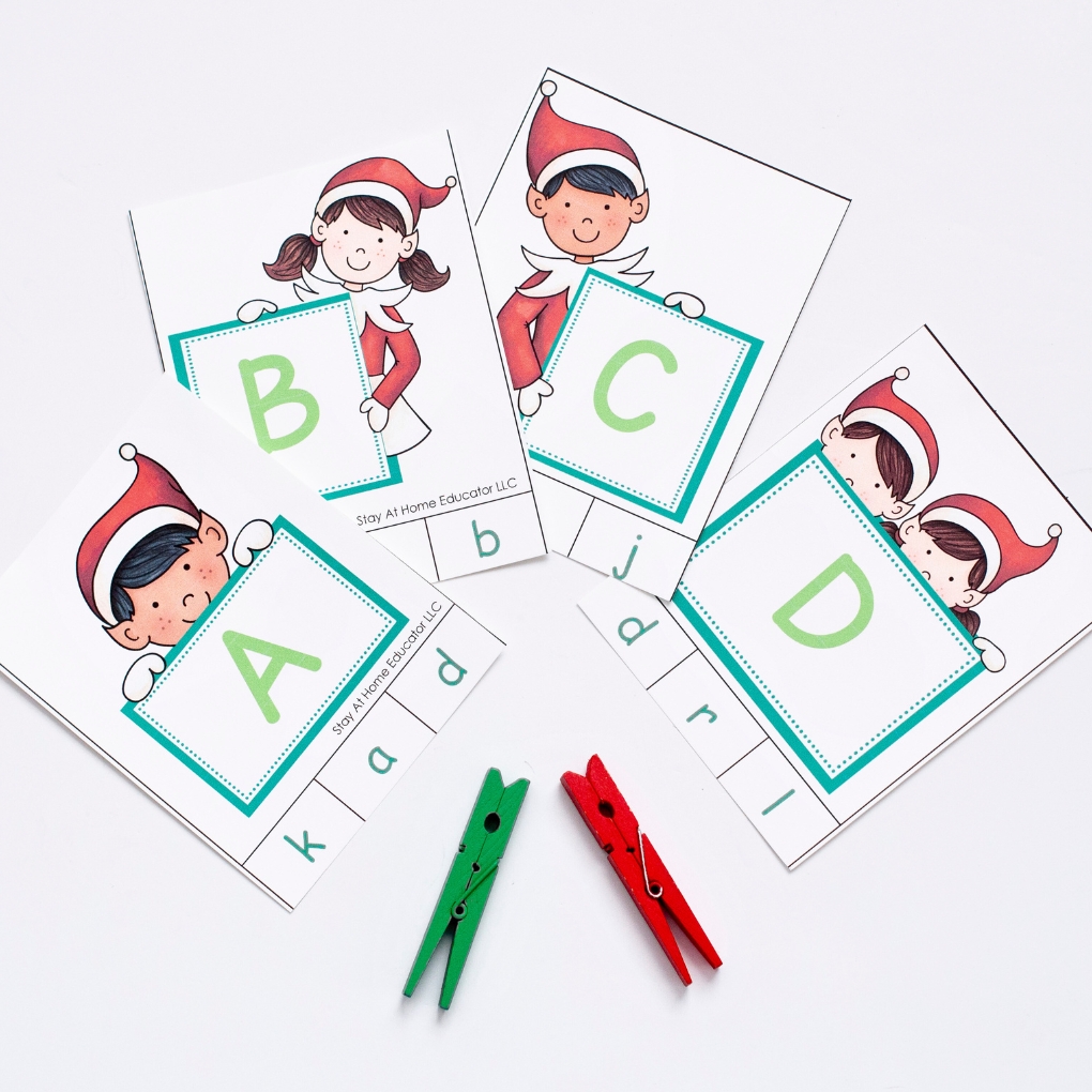 Christmas alphabet activities | Christmas letter recognition activities, beginning sound, sight words | Christmas literacy activities for preschoolers | elf theme alphabet clip cards and letter matching