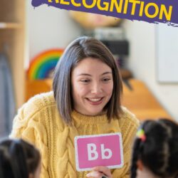letter recognition benefits | advantages to having strong letter sound correspondence and alphabetic knowledge | why teach the alphabet in preschool | how to teach letter names and sounds | teacher holding letter B flashcard | benefits of letter recognition in early childhood