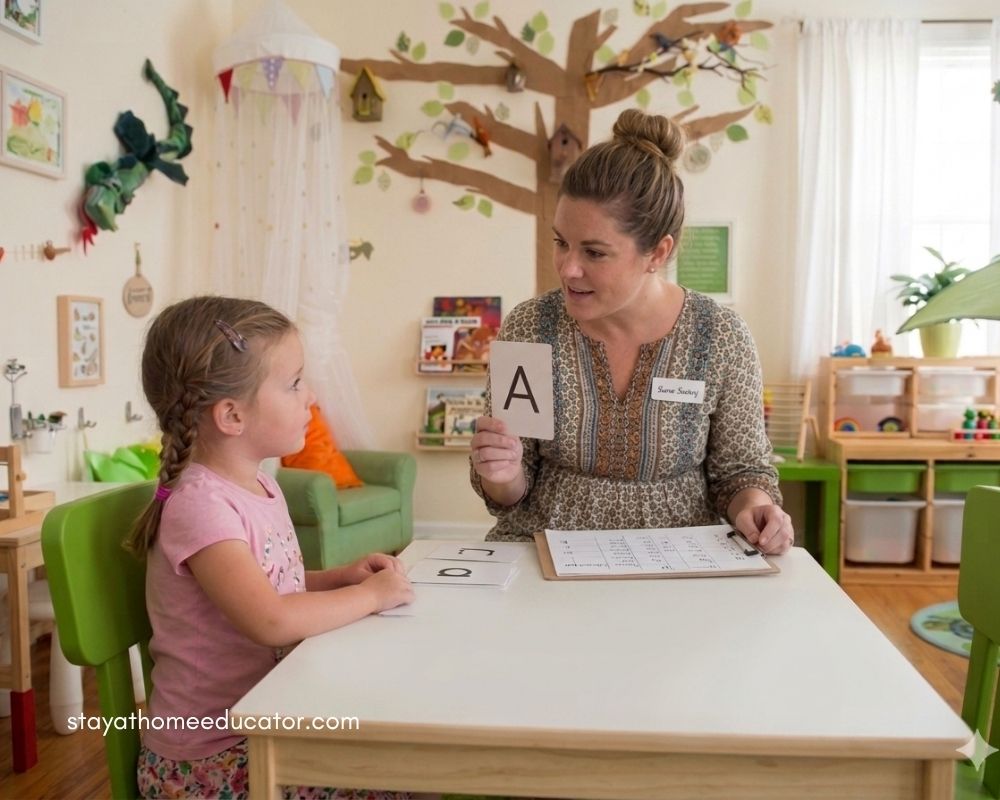 Teacher assessing preschool child with flashcard letter A at small table, observing letter recognition skills while recording progress on checklist in calm, play based classroom setting.