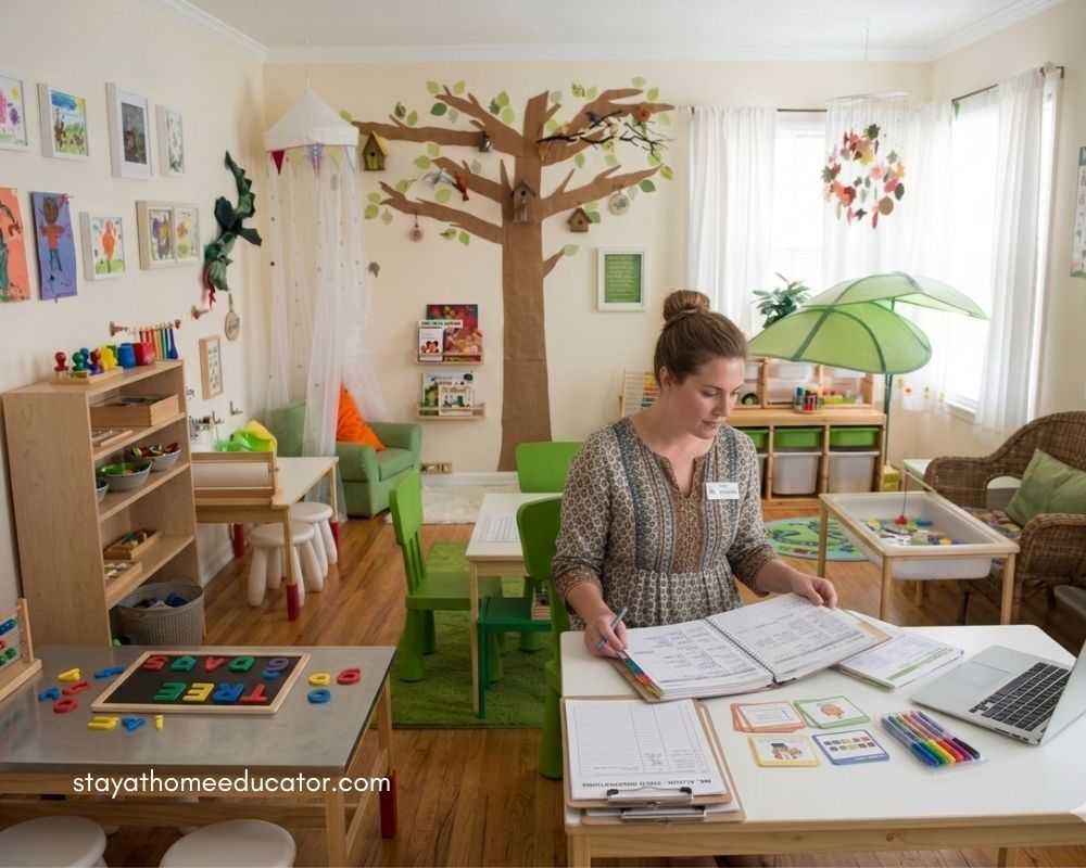 Preschool classroom with teacher observing children at learning centers practicing letter recognition using manipulatives, trays, and writing tools in a bright, organized, play-based environment now.