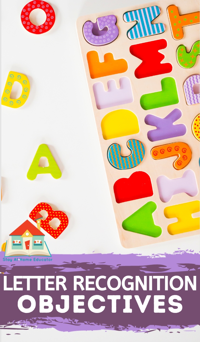 letter recognition objectives include: visual discrimination, letter naming, letter formation, and letter sound correspondence | alphabet puzzle partially put together
