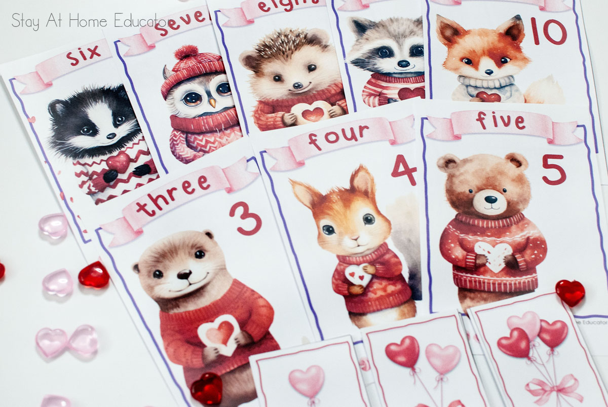 preschool math counting activities for preschool | Valentine's Day counting activity | addition for preschoolers | Valentine's activities for preschoolers | preschool math lesson plan ideas | close up of Valentine animal number mats