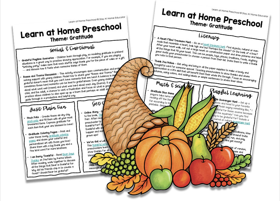 gratitude lesson plans for preschoolers | how to teach preschoolers to be thankful | thankfulness activities | hand drawn image of cornucopia and turkey 