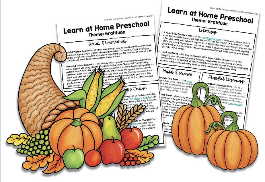 gratitude lesson plans for preschoolers | how to teach preschoolers to be thankful | thankfulness activities | hand drawn image of cornucopia and pumpkins with screenshot of the printed preschool lesson plans