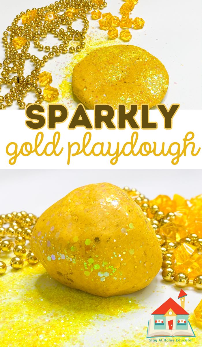 sparkly gold playdough recipe using chunky gold glitter and mic powder to make it shimmer. | playdough for pirate activities for preschoolers or for post of gold St. Patrick's Day sensory play