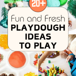 20+ Fun and Fresh Playdough Ides to Play | Collage of playdough activities: Veggie garden playdough to play, Earth playdough invitation to play for preschoolers , leaf impressions - a fall playdough activity , fall playdough invitation to play - a stem activity , pondlife invitation to play with playdough