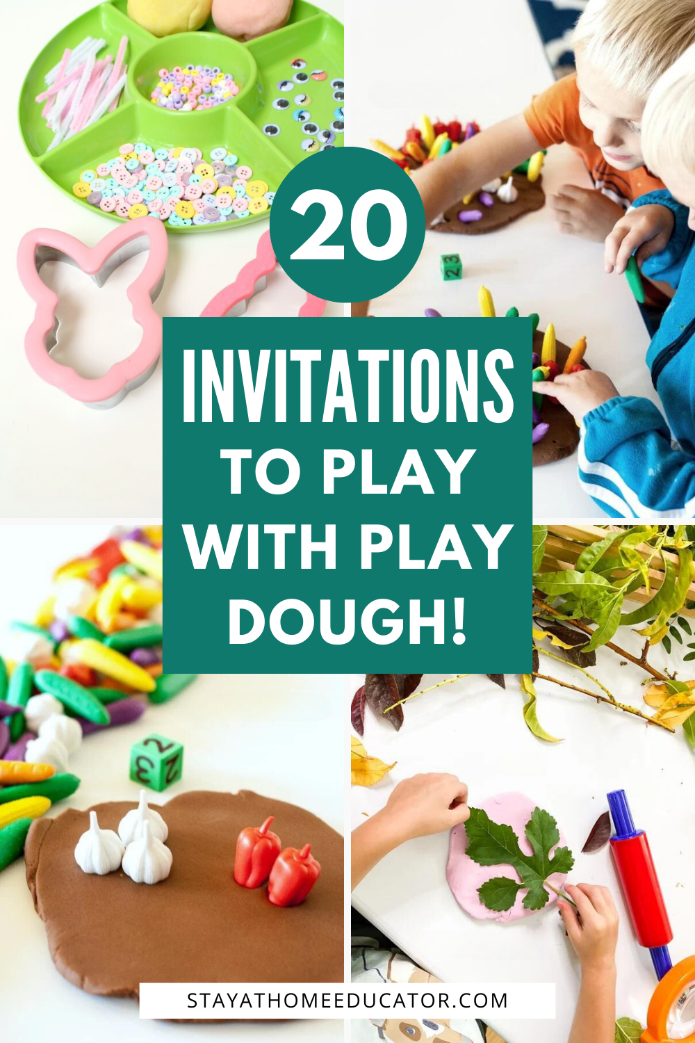 20 Playdough Invitations to Play with Play Dough | collage of playdough activities: bunny playdough, vegie garden playdough and leaf impressions - a fall playdough to play