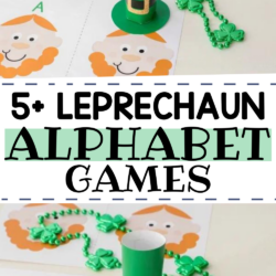 5+ Leprechaun Alphabet Games | Collage image has words "Leprechaun Alphabet Game" and 3 different images showing a leprechaun face with various letters and a leprechaun hat used to mark the letters| All images are part of free leprechaun printable|