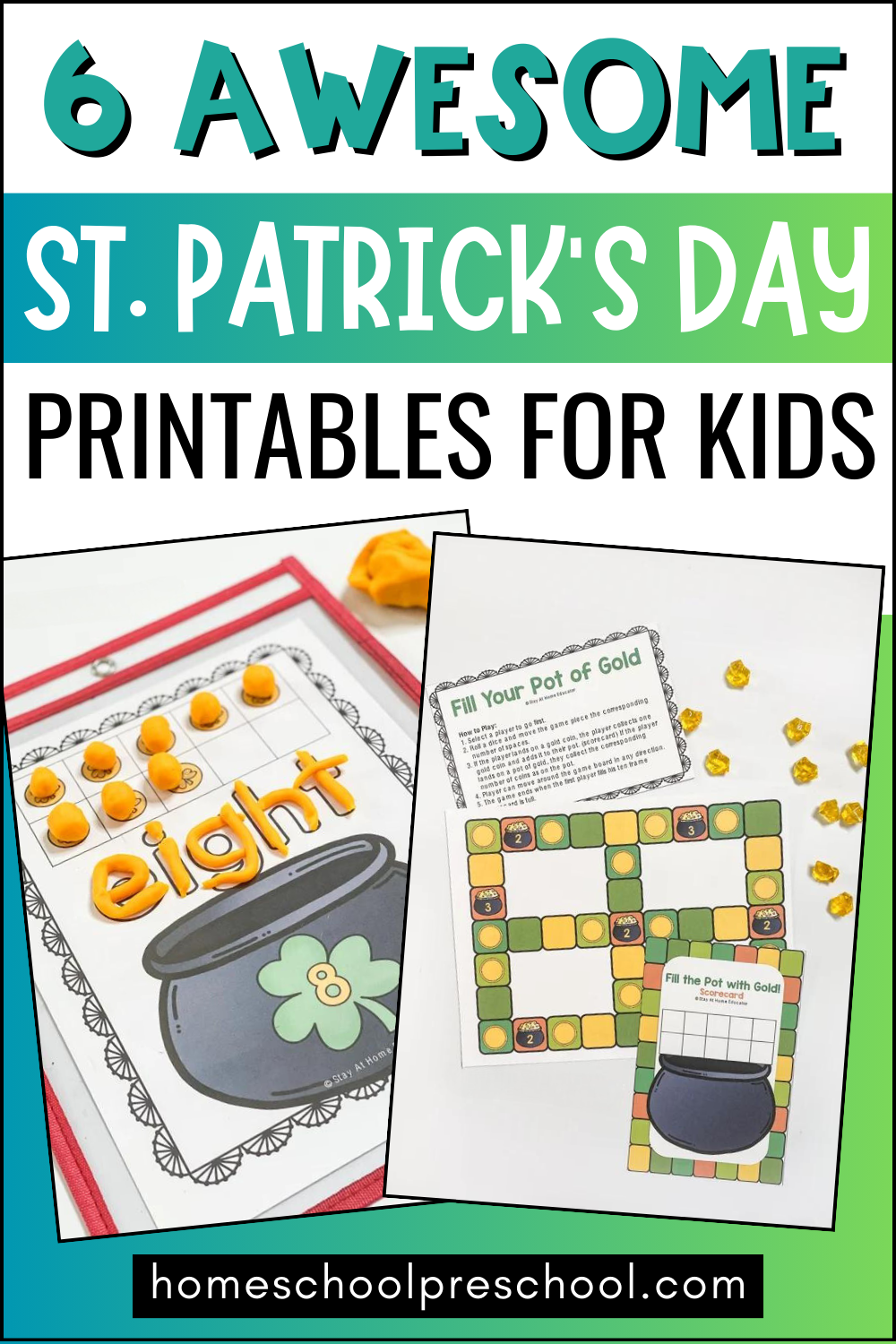 6 Awesome St. Patrick's Day Printables for Kids | counting mat number 8 with play dough balls and the number word eight rolled in playdough | fill your pot of gold game board and score card with gold coins | printable St. Patrick's day activities for preschool and kindergarten |