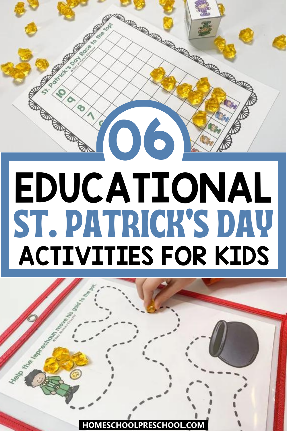 6 Educational St. Patrick's Day Activities for Kids | a graphing game with dice and gold gems to learn simple numbers | pre-writing page in a dry erase pouch and a child uses a gold gem to trace the lines to the cauldron | printable St. Patrick's day activities