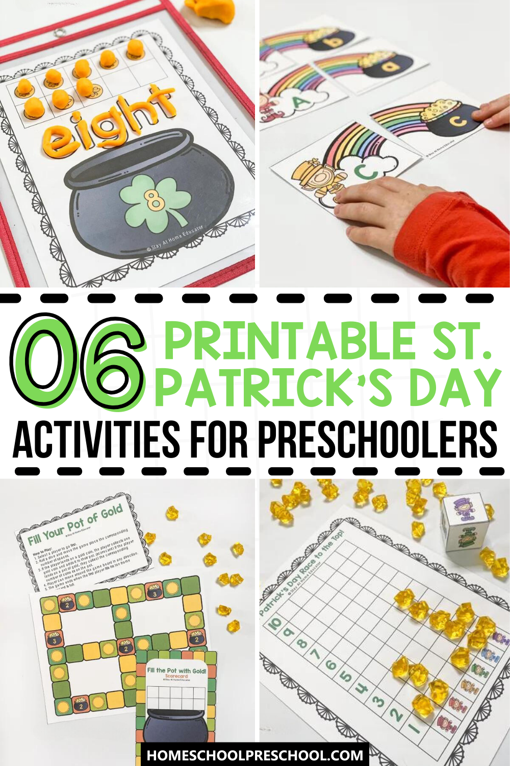 6 Printable St. Patrick's Day Activities for Preschoolers | Collage of printable activities | a graphing game with dice and gold gems to learn simple numbers | fill your pot of gold game board and score card with gold coins | counting mat number 8 with play dough balls and the number word eight rolled in playdough | alphabet matching with rainbow puzzle cards, pictured capital letter C and lowercase letter c | printable St. Patrick's day activities