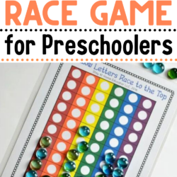 Alphabet Race Game for Preschoolers | rainbow letter graph with alphabet letters on the bottom of the page plus blue gems for graphing totals | letter names and sounds game | preschool letter identification |