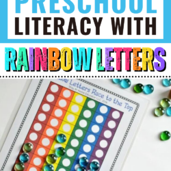 Boost Preschool Literacy with Rainbow Letters | rainbow letter graph with alphabet letters on the bottom of the page plus blue gems for graphing totals | letter names and sounds game | preschool letter identification |