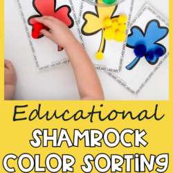 Educational Shamrock Color Sorting for Kids | rainbow shamrock color sorting cards in red, yellow, and blue to use in St. Patricks Day preschool lesson plans | rainbow theme preschool lesson plans | color sorting activities for preschoolers and toddlers