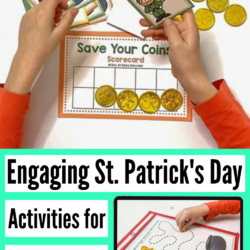 Engaging St. Patrick's Day Activities for Little Ones | save your coins printable card game with gold coins and printed scorecard | printable St. Patrick's day activities | pre-writing page in a dry erase pouch and a child uses a gold gem to trace the lines to the cauldron | printable St. Patrick's day activities