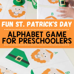 Fun St. Patrick's Day Alphabet Game for Preschoolers | green leprechaun hat made from free template| game cards with leprechaun faces and letters|