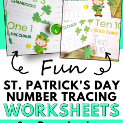 Fun St. Patrick's Day number tracing worksheets for preschoolers and kindergarten students | teach number writing with math worksheets for preschool | example of number one worksheets, number three and number ten