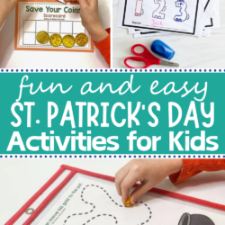 Fun and Easy St. Patrick's Day Activities for Kids | A collage of Fun and Easy St. Patrick's Day Activities for Kids | my easter book 1,2,3 | save your coins printable card game with gold coins and printed scorecard | printable St. Patrick's day activities | pre-writing page in a dry erase pouch and a child uses a gold gem to trace the lines to the cauldron | printable St. Patrick's day activities