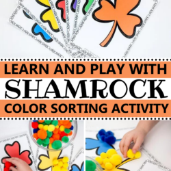 Learn and Play with Shamrock Color Sorting Activity | rainbow shamrock color sorting cards, child's hand sorts red pom-poms onto the red shamrock | child's hand sorts yellow pom-poms onto the yellow shamrock | St. Patricks Day preschool lesson plans | rainbow theme preschool lesson plans